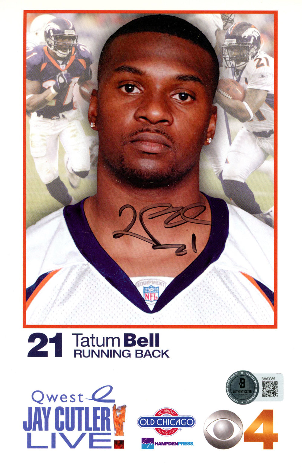 Tatum Bell Denver Broncos Signed Mini Helmet - 8.5x6.5 Quest Ad Beckett Beckett-Powers Sports Memorabilia