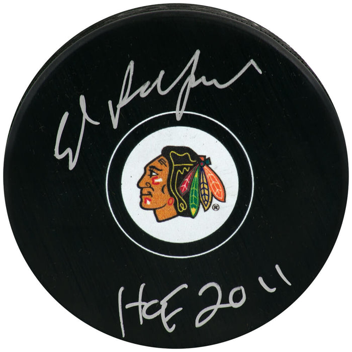 Ed Belfour Autographed Chicago Blackhawks Logo Hockey Puck with HOF 2011-Powers Sports Memorabilia