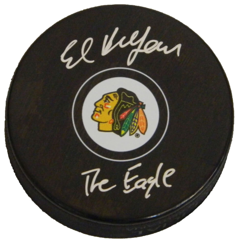 Ed Belfour Autographed Chicago Blackhawks Logo Hockey Puck with The Eagle-Powers Sports Memorabilia