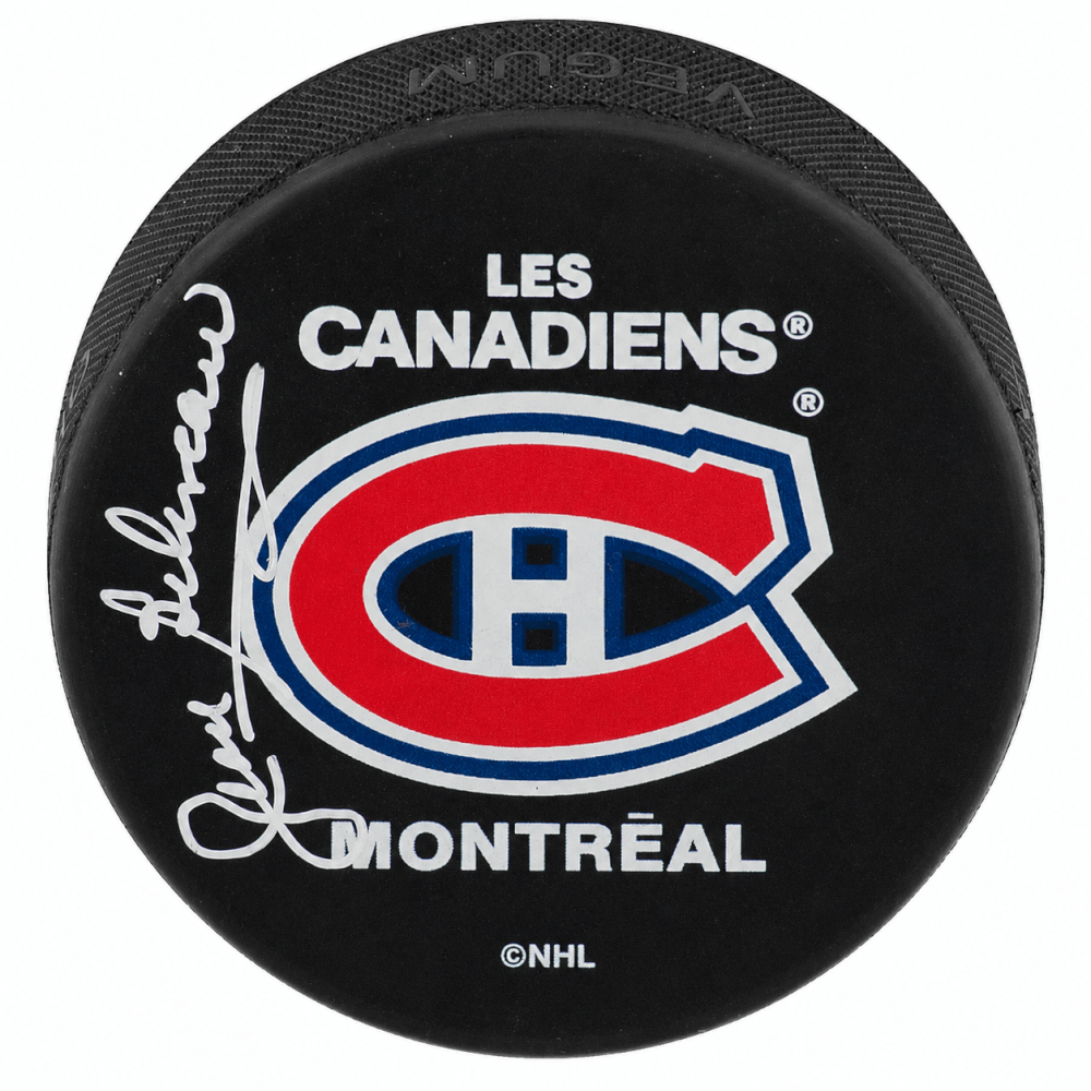 Jean Beliveau Autographed Montreal Canadiens (Les Canadiens) Official Logo Hockey Puck-Powers Sports Memorabilia