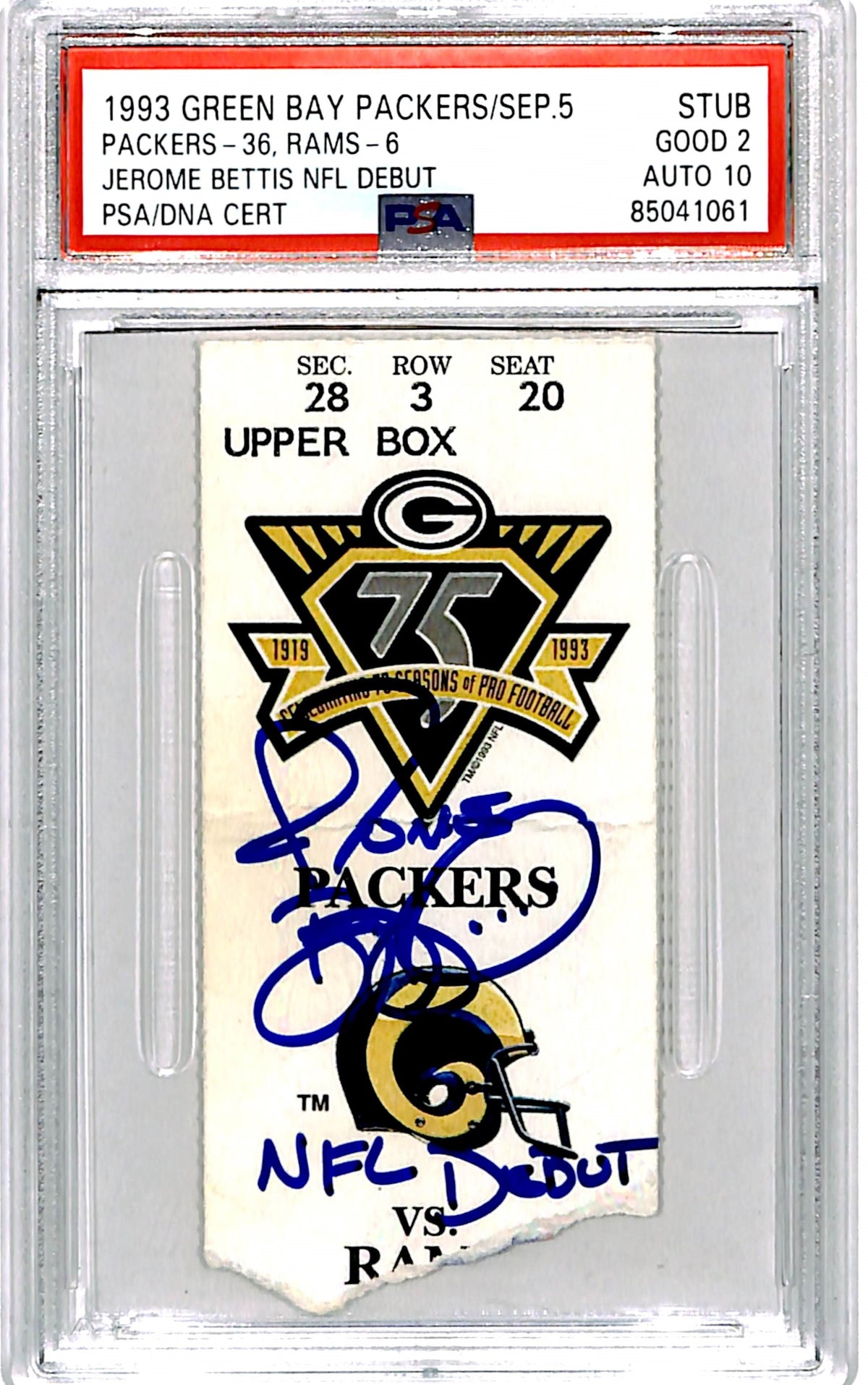 Jerome Bettis Los Angeles Rams Signed Card - St. Louis Rams Ticket Stub Debut PSA PSA-Powers Sports Memorabilia