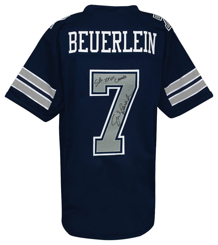 Steve Beuerlein Autographed Navy Custom Football Jersey with SB XXVII Champs-Powers Sports Memorabilia