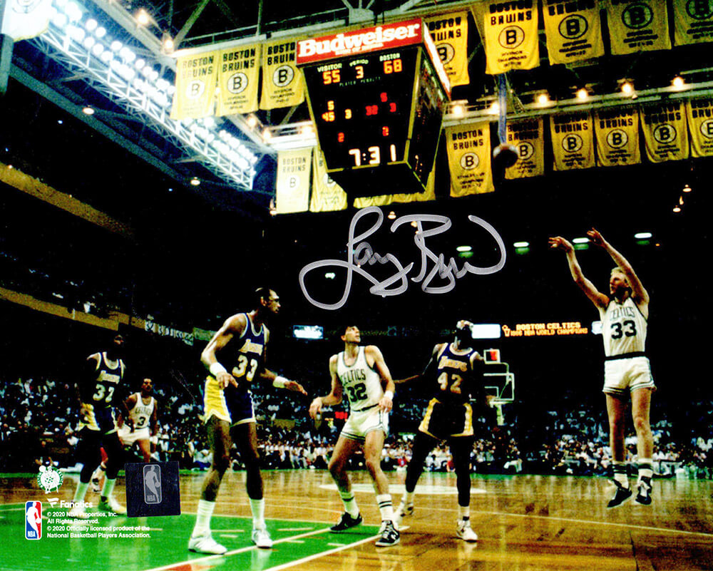 Larry Bird Autographed Boston Celtics 3-Pt Shot vs Lakers Action 8x10 Photo-Powers Sports Memorabilia