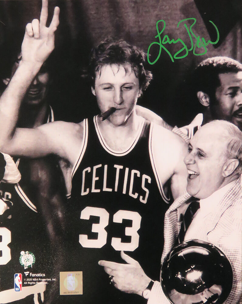 Larry Bird Autographed Boston Celtics Cigar Celebration With Red Auerbach B&W 8x10 Photo-Powers Sports Memorabilia