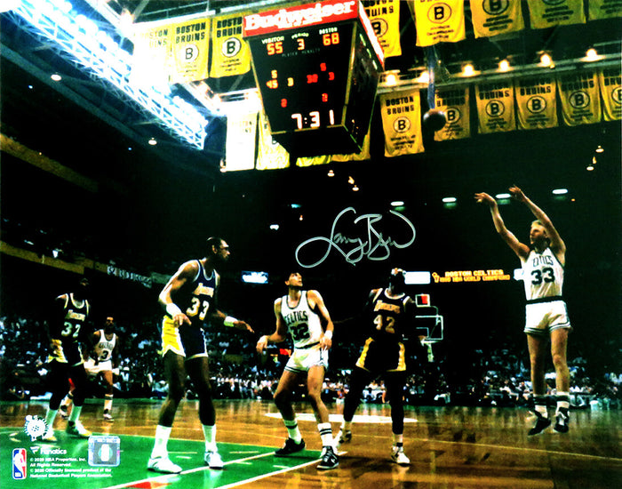 Larry Bird Autographed Boston Celtics 3-Pt Shot vs Lakers Action 16x20 Photo-Powers Sports Memorabilia