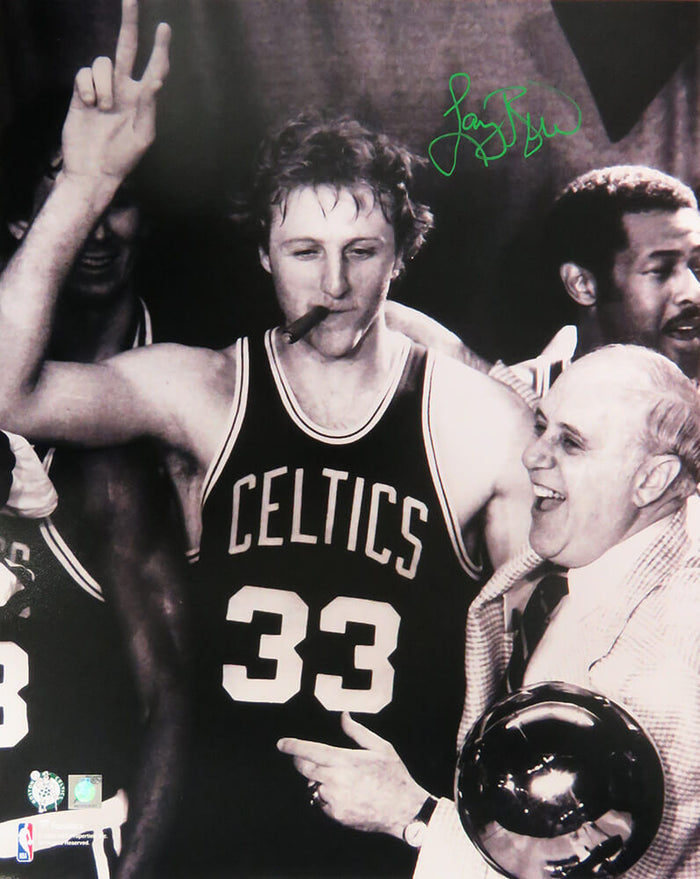 Larry Bird Autographed Boston Celtics Cigar Celebration With Red Auerbach B&W 16x20 Photo-Powers Sports Memorabilia