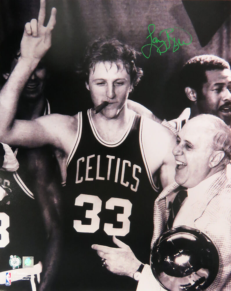 Larry Bird Autographed Boston Celtics Cigar Celebration With Red Auerbach B&W 16x20 Photo-Powers Sports Memorabilia