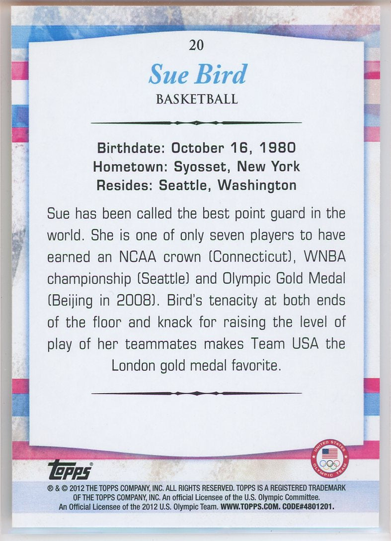 2012 Topps U.S. Olympic Team Sue Bird Card Signed Sticker Auto Slightly Damaged-Powers Sports Memorabilia