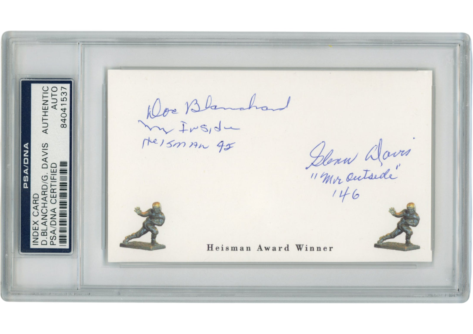 Doc Blanchard Glenn Davis Army Cadets Signed Mini Helmet - Index Heisman Slab PSA PSA-Powers Sports Memorabilia
