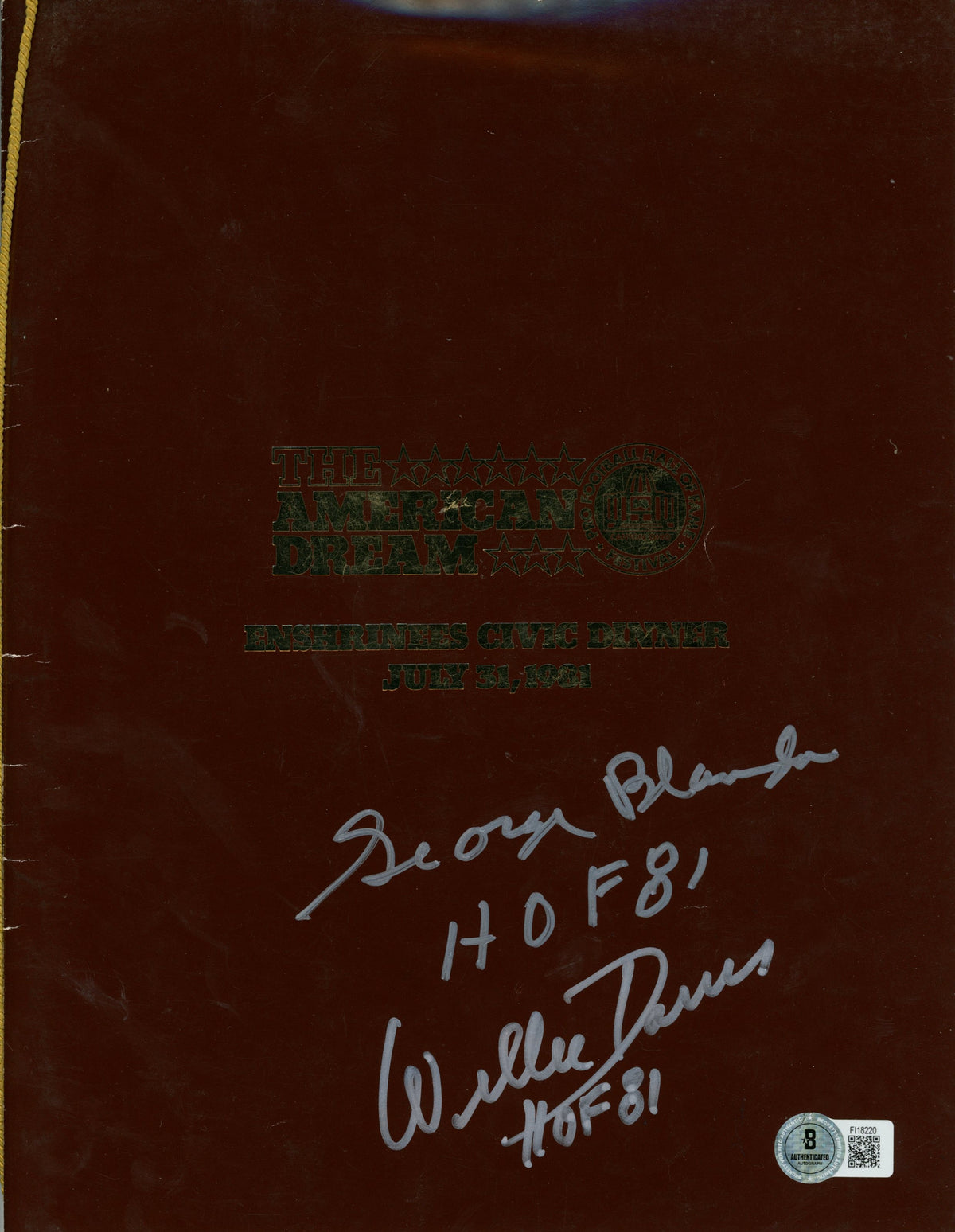 George Blanda Willie Davis Hall of Fame Signed Mini Helmet - HOF 1981 Enshrinees Dinner Program Beckett-Powers Sports Memorabilia