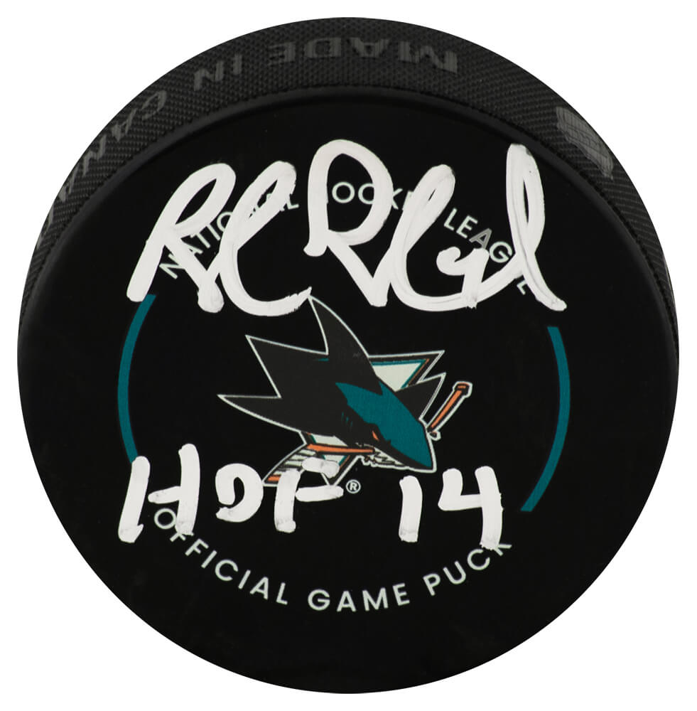 Rob Blake Autographed San Jose Sharks Logo Official Hockey Puck with HOF 14-Powers Sports Memorabilia