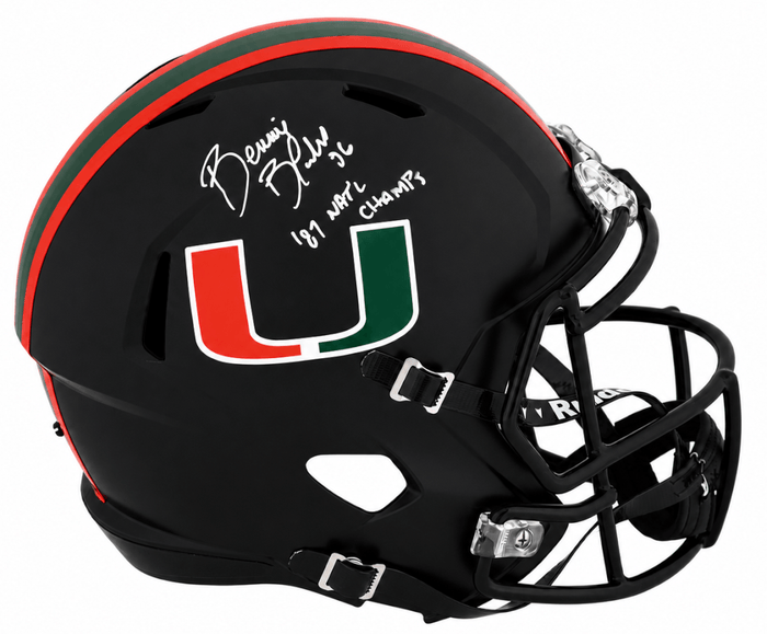 Bennie Blades Autographed Miami Hurricanes Black Riddell Full Size Speed Replica Helmet with 87 Nat'l Champs-Powers Sports Memorabilia