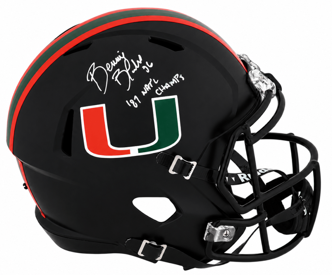 Bennie Blades Autographed Miami Hurricanes Black Riddell Full Size Speed Replica Helmet with 87 Nat'l Champs-Powers Sports Memorabilia
