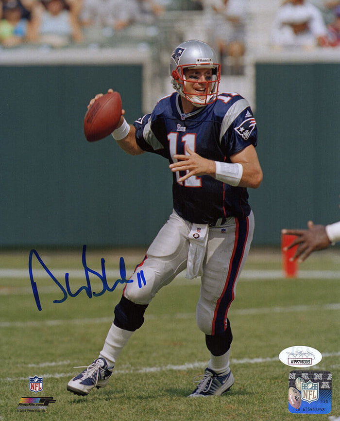 Drew Bledsoe Autographed New England Patriots Dropback Action 8x10 Photo - (JSA)-Powers Sports Memorabilia