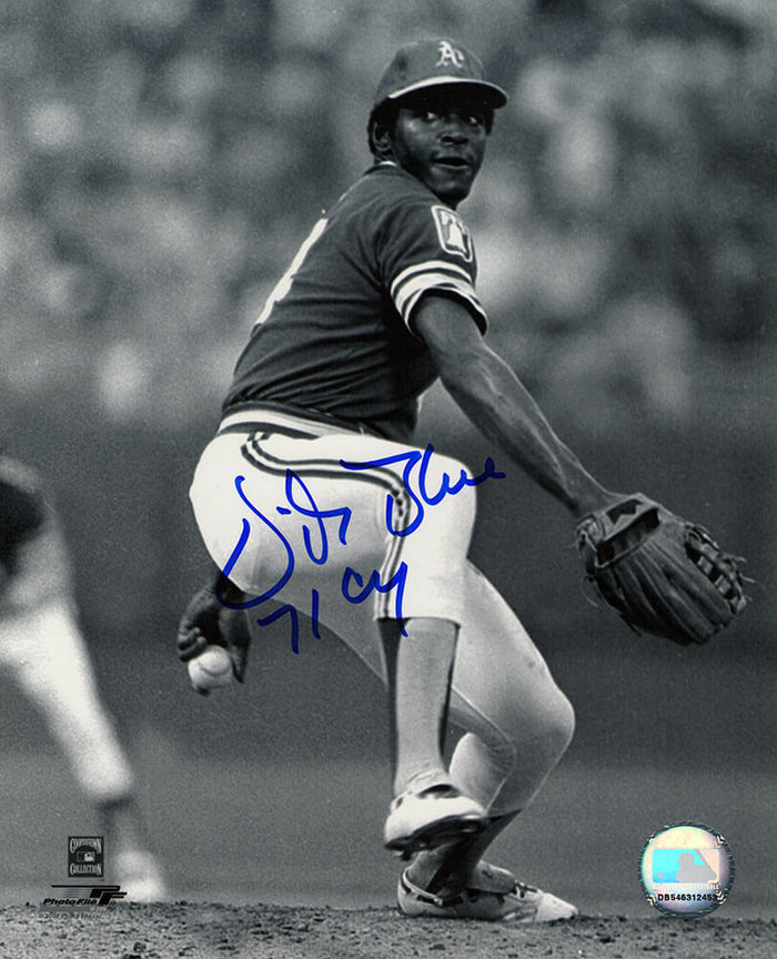 Vida Blue Autographed Oakland A's B&W Pitching 8x10 Photo with 71 CY-Powers Sports Memorabilia