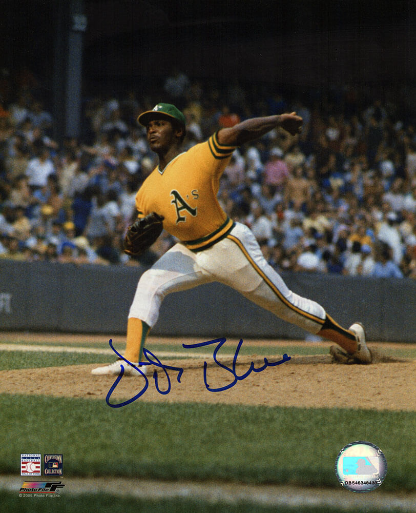 Vida Blue Autographed Oakland A's Yellow Jersey Pitching 8x10 Photo-Powers Sports Memorabilia