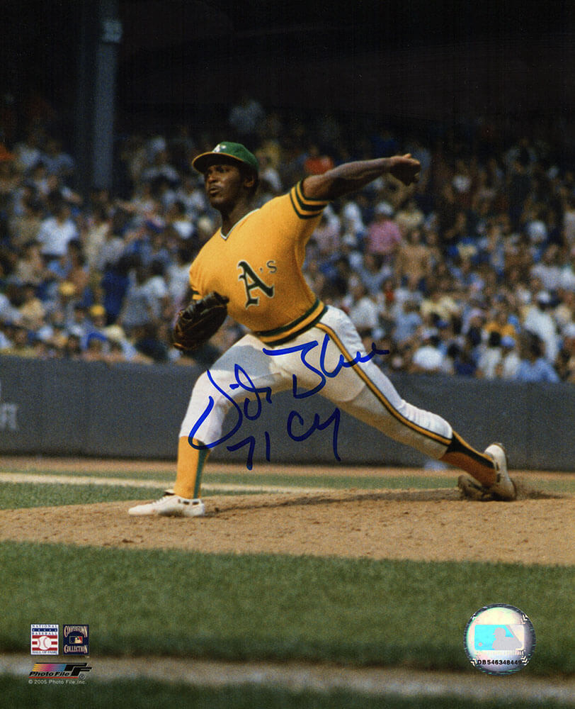 Vida Blue Autographed Oakland A's Yellow Jersey Pitching 8x10 Photo with 71 CY-Powers Sports Memorabilia