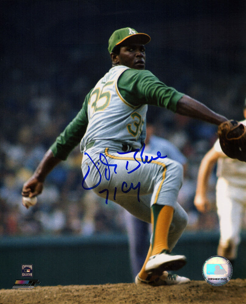 Vida Blue Autographed Oakland A's Windup Pitching 8x10 Photo with 71 CY-Powers Sports Memorabilia