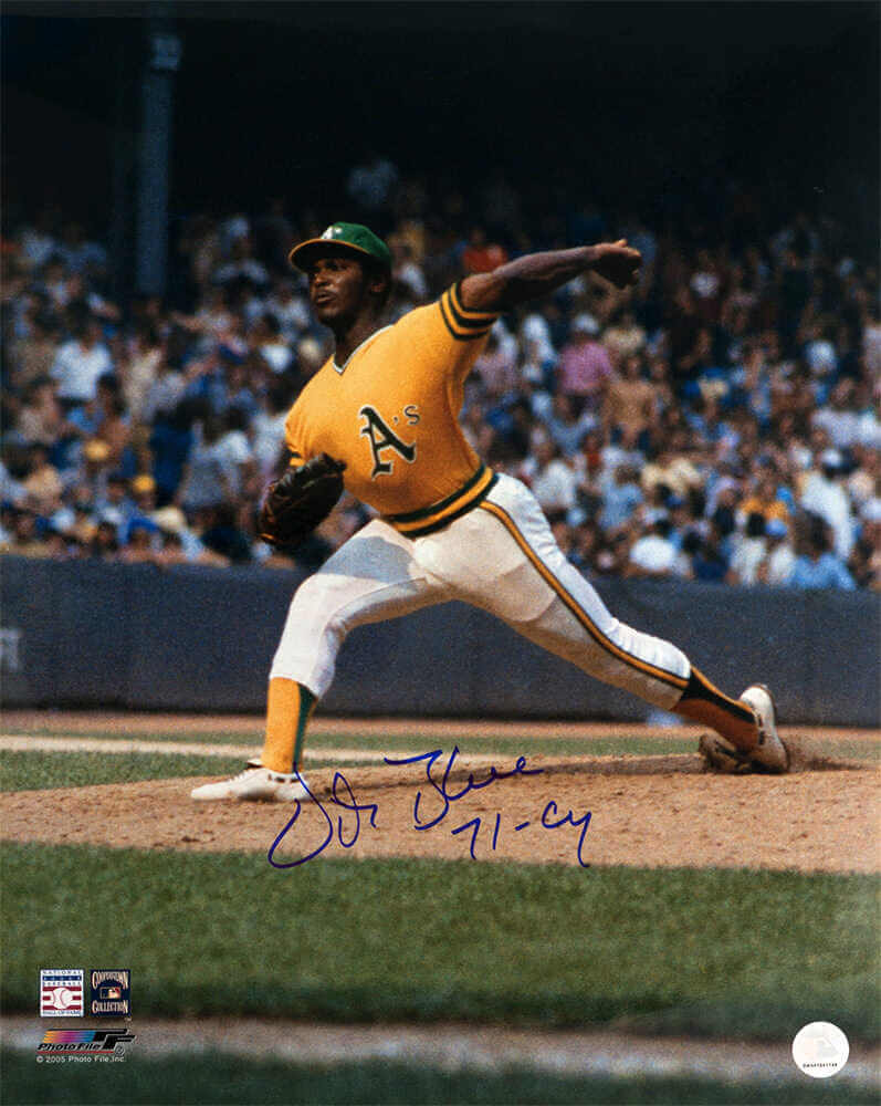 Vida Blue Autographed Oakland A's Yellow Jersey Pitching Action 16x20 Photo with 71 CY-Powers Sports Memorabilia