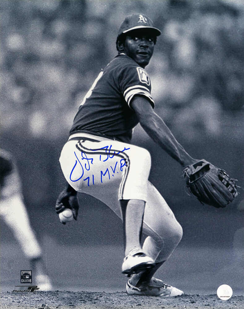 Vida Blue Autographed Oakland A's B&W Pitching Action 16x20 Photo with 71 MVP-Powers Sports Memorabilia