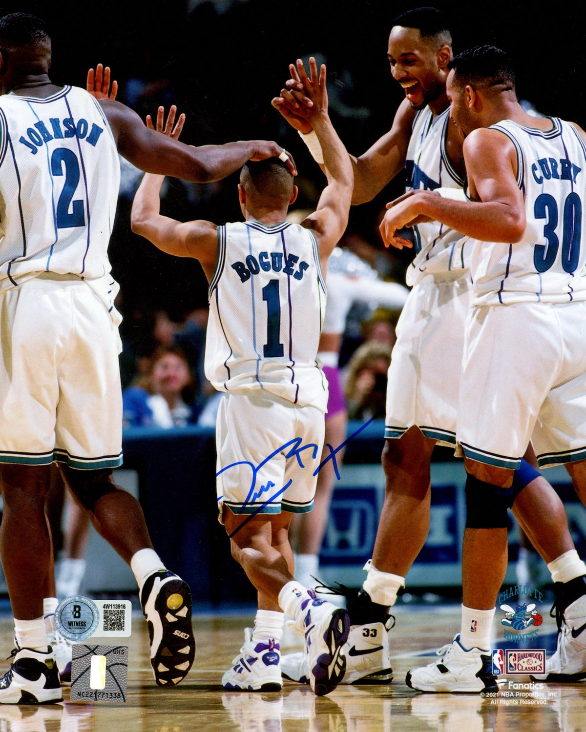 Muggsy Bogues Signed Charlotte Hornets 8x10 Photo – Johnson & Curry – Beckett Witness Authenticated-Powers Sports Memorabilia