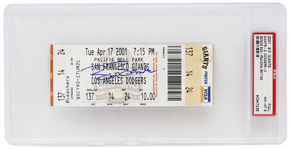 Barry Bonds Autographed San Francisco Giants vs Los Angeles Dodgers April 17, 2001 Ticket Stub (Bonds' 500th HR Game) (PSA / NM MT 8)-Powers Sports Memorabilia