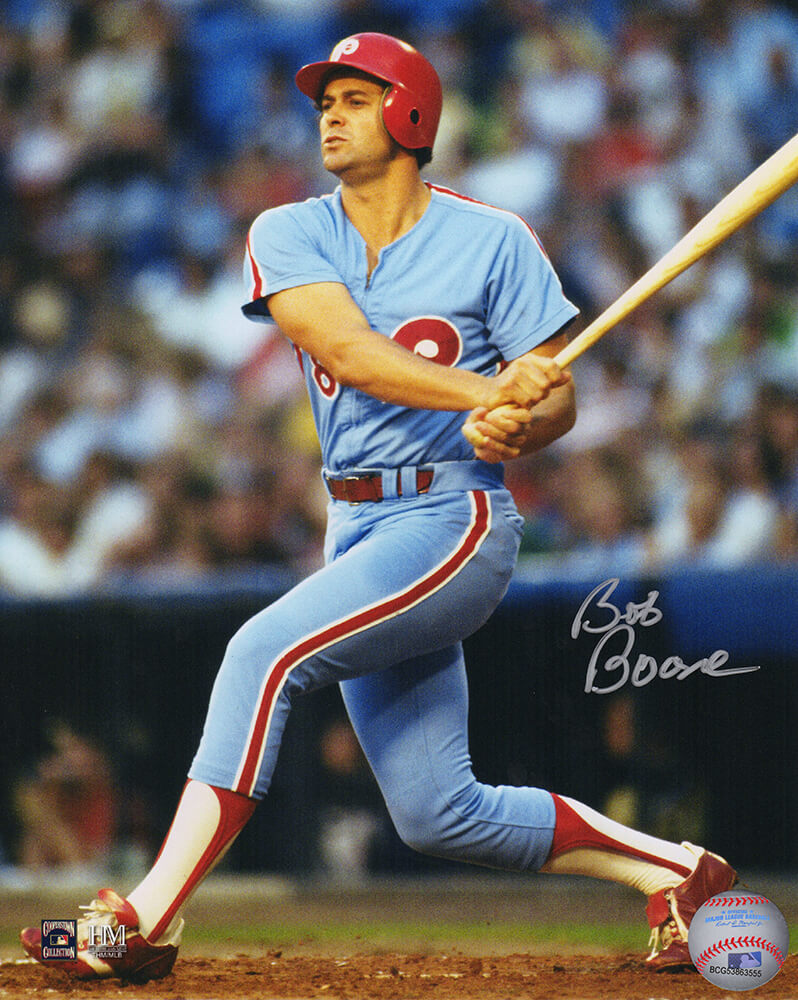 Bob Boone Autographed Philadelphia Phillies Throwback Jersey Swinging Action 8x10 Photo-Powers Sports Memorabilia
