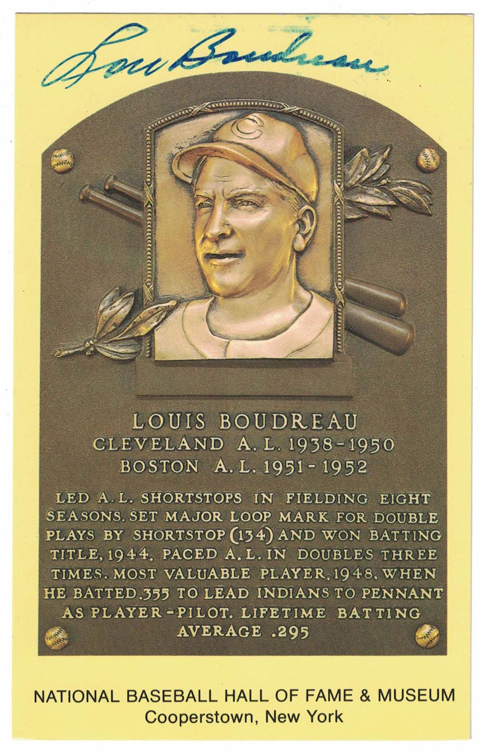 Lou Boudreau Cleveland Indians Signed Mini Helmet - Hall Of Fame Plaque Postcard Beckett-Powers Sports Memorabilia