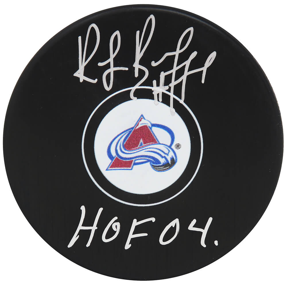 Ray Bourque Autographed Colorado Avalanche Logo Hockey Puck with HOF 04-Powers Sports Memorabilia
