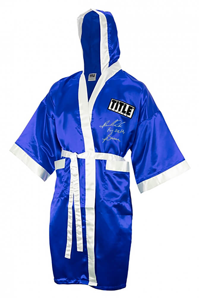 Riddick Bowe Autographed Title Blue & White Boxing Robe with Big Daddy-Powers Sports Memorabilia