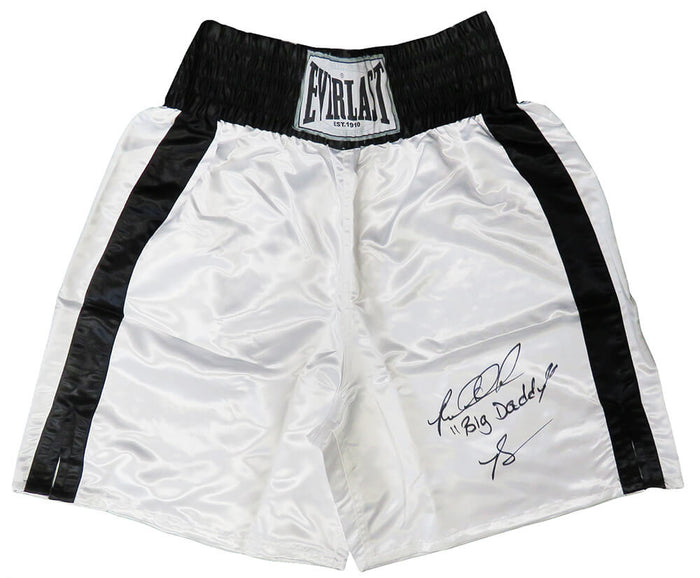 Riddick Bowe Autographed Everlast White Boxing Trunks with Big Daddy-Powers Sports Memorabilia