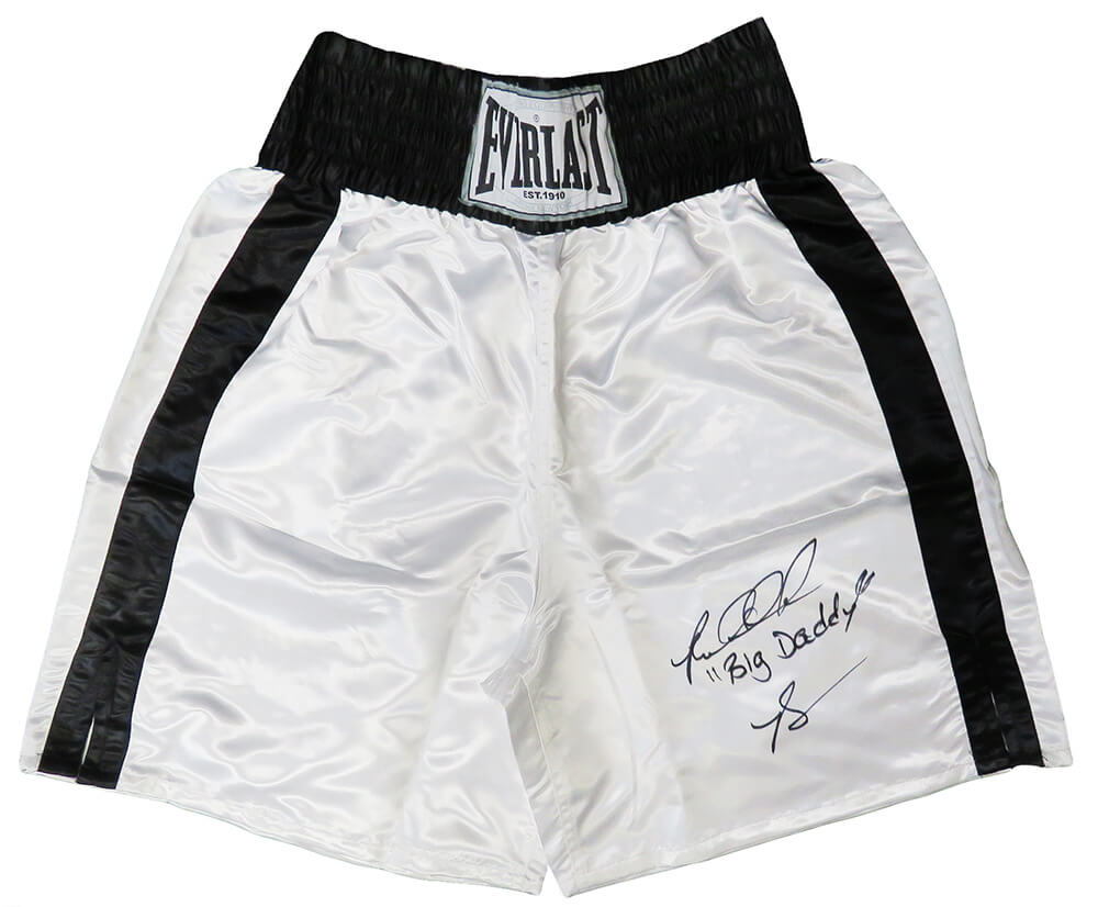 Riddick Bowe Autographed Everlast White Boxing Trunks with Big Daddy-Powers Sports Memorabilia