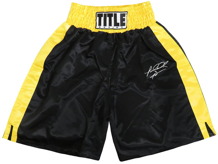 Riddick Bowe Autographed Title Black & Gold Trim Boxing Trunks-Powers Sports Memorabilia