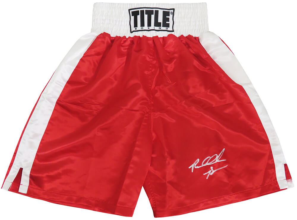 Riddick Bowe Autographed Title Red & White Trim Boxing Trunks-Powers Sports Memorabilia