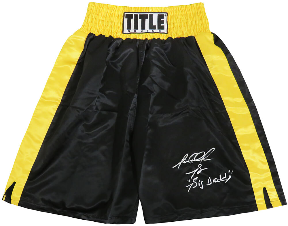 Riddick Bowe Autographed Title Balck & Gold Trim Boxing Trunks with Big Daddy-Powers Sports Memorabilia