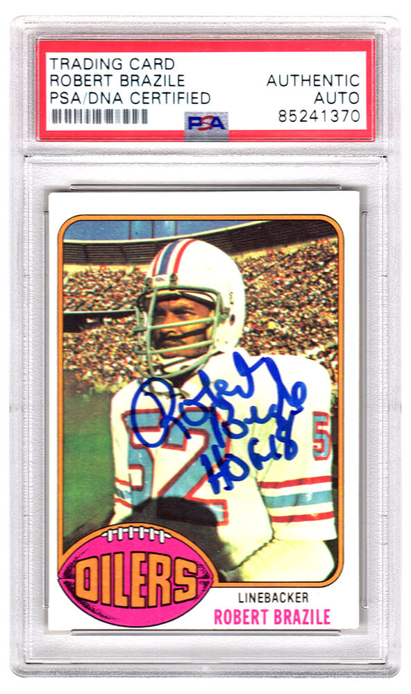 Robert Brazile Autographed Houston Oilers 1976 Topps Football Rookie Card #424 with HOF 18 2-Powers Sports Memorabilia