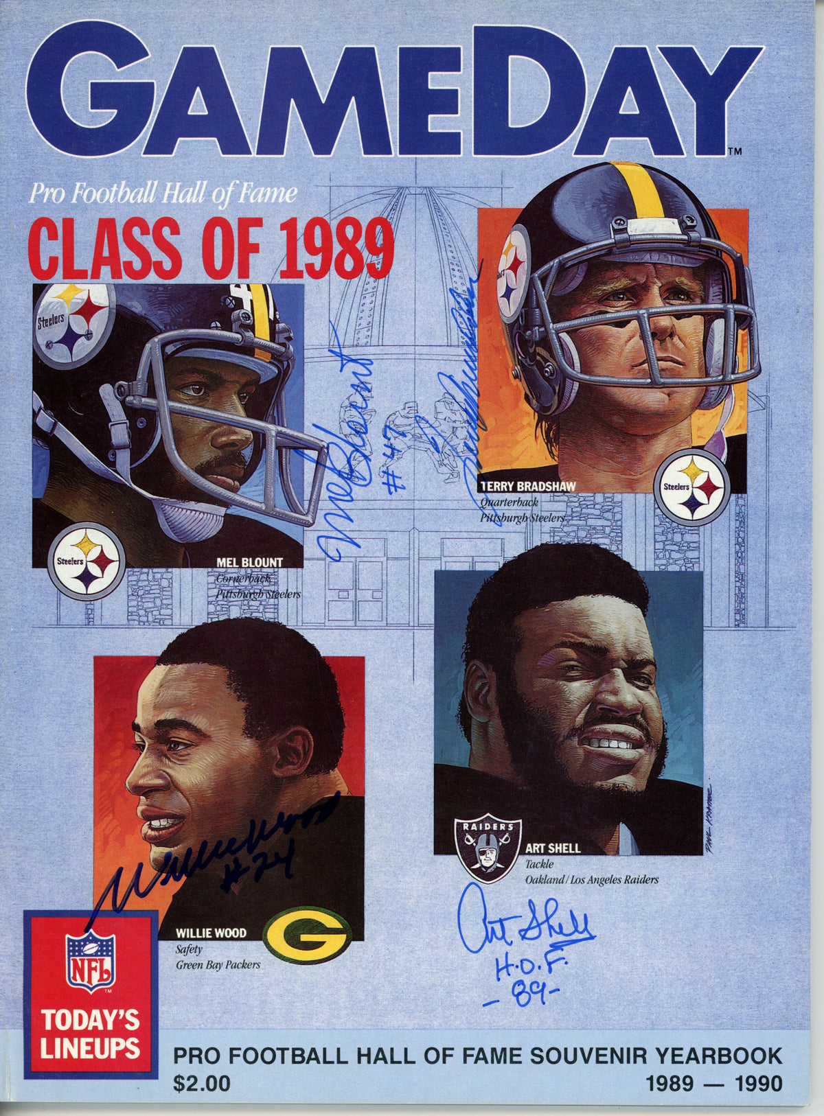 Bradshaw Wood Shell Blount Hall of Fame Signed Mini Helmet - 1989 Program JSA JSA-Powers Sports Memorabilia