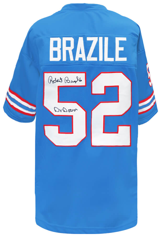 Robert Brazile Autographed Blue Throwback Custom Football Jersey with Dr. Doom-Powers Sports Memorabilia