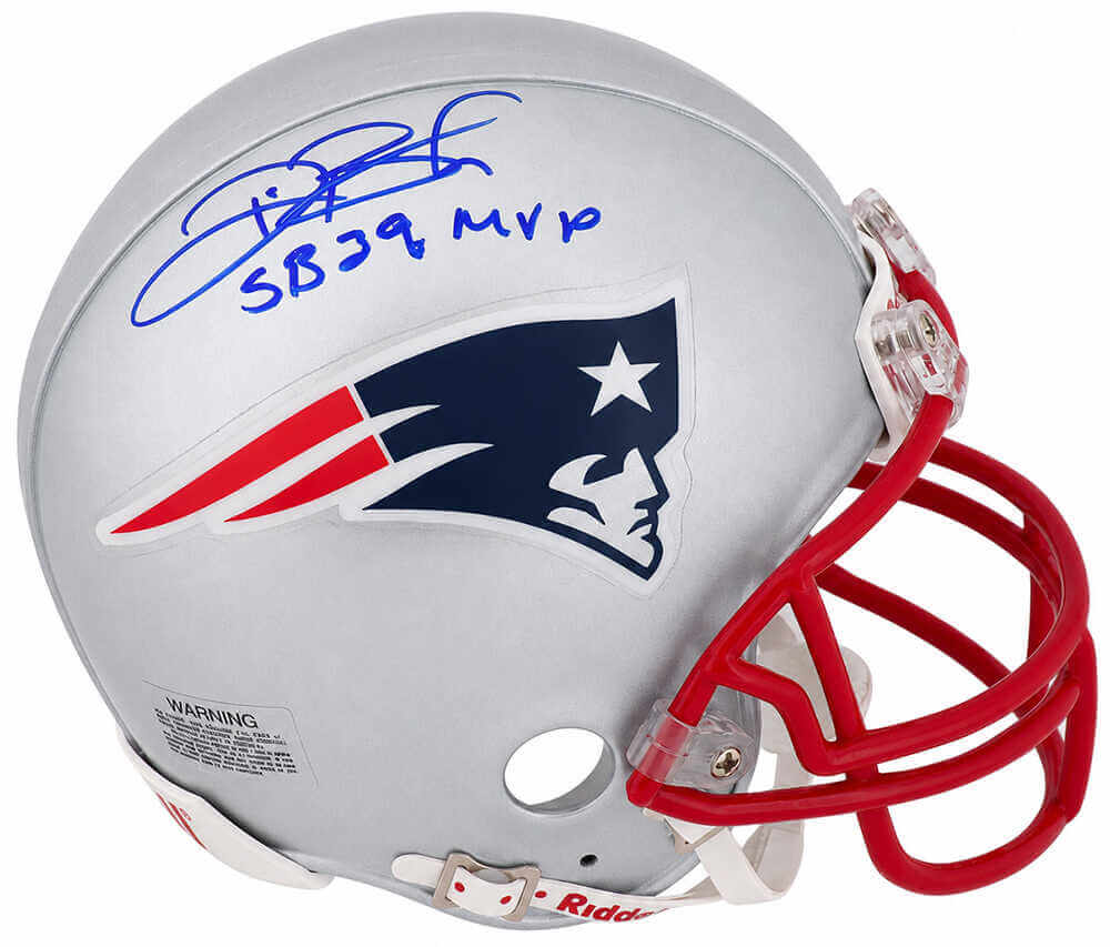 Deion Branch Autographed New England Patriots Riddell (VSR4) Mini Helmet with SB 39 MVP-Powers Sports Memorabilia