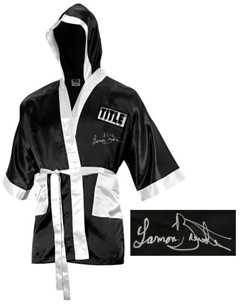 Lamon Brewster Autographed Title Black Boxing Robe w/ Relentless