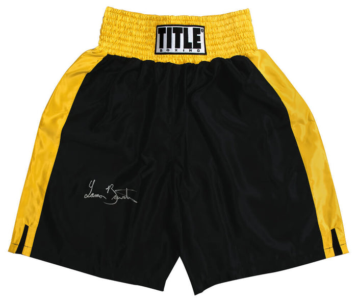 Lamon Brewster Autographed Title Black With Gold Trim Boxing Trunks-Powers Sports Memorabilia