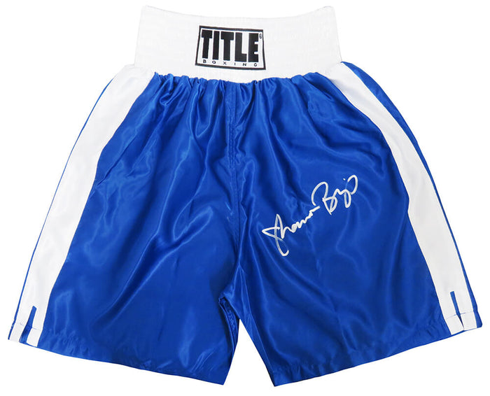 Shannon Briggs Autographed Title Blue With White Trim Boxing Trunks-Powers Sports Memorabilia