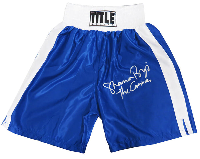 Shannon Briggs Autographed Title Blue With White Trim Boxing Trunks with The Cannon-Powers Sports Memorabilia
