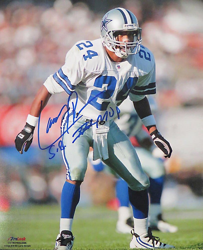 Larry Brown Autographed Dallas Cowboys Action 8x10 Photo with SB XXX MVP-Powers Sports Memorabilia