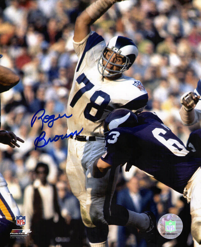 Roger Brown Autographed Los Angeles Rams vs Vikings Action 8x10 Photo-Powers Sports Memorabilia