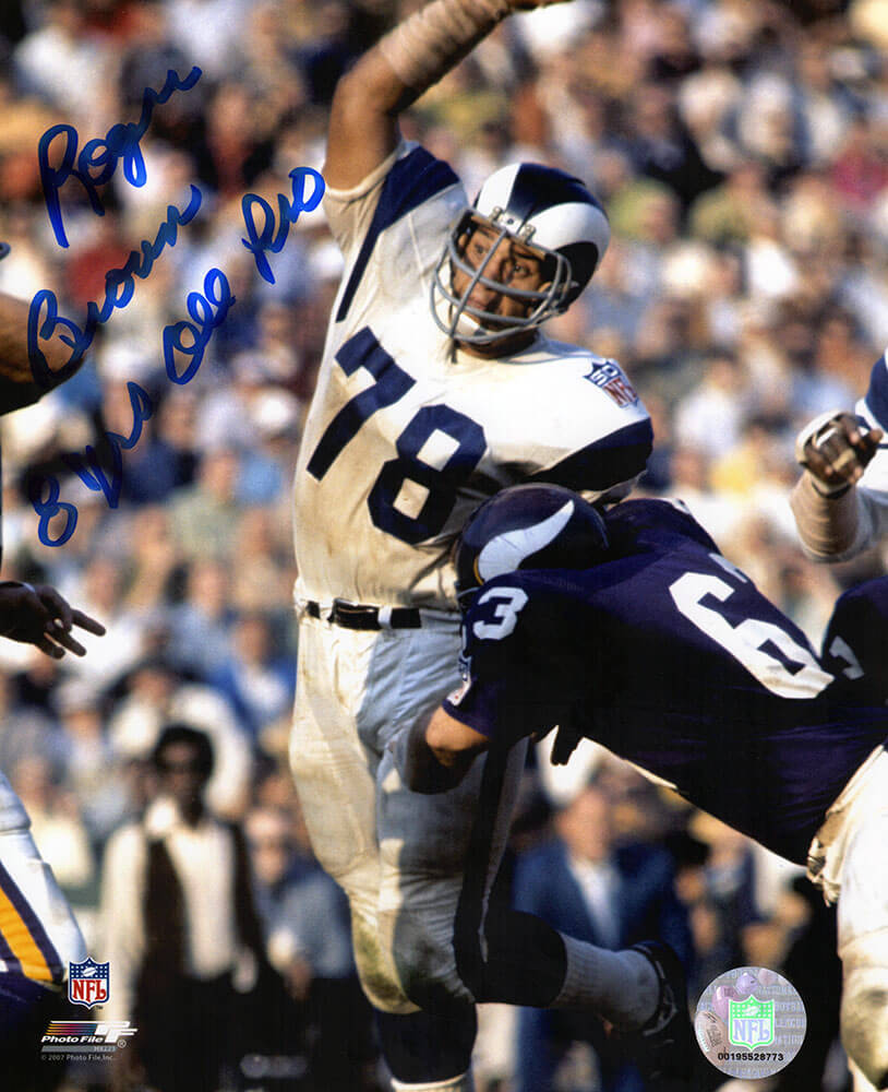 Roger Brown Autographed Rams vs Vikings Action 8x10 Photo with 8 Yrs All Pro-Powers Sports Memorabilia