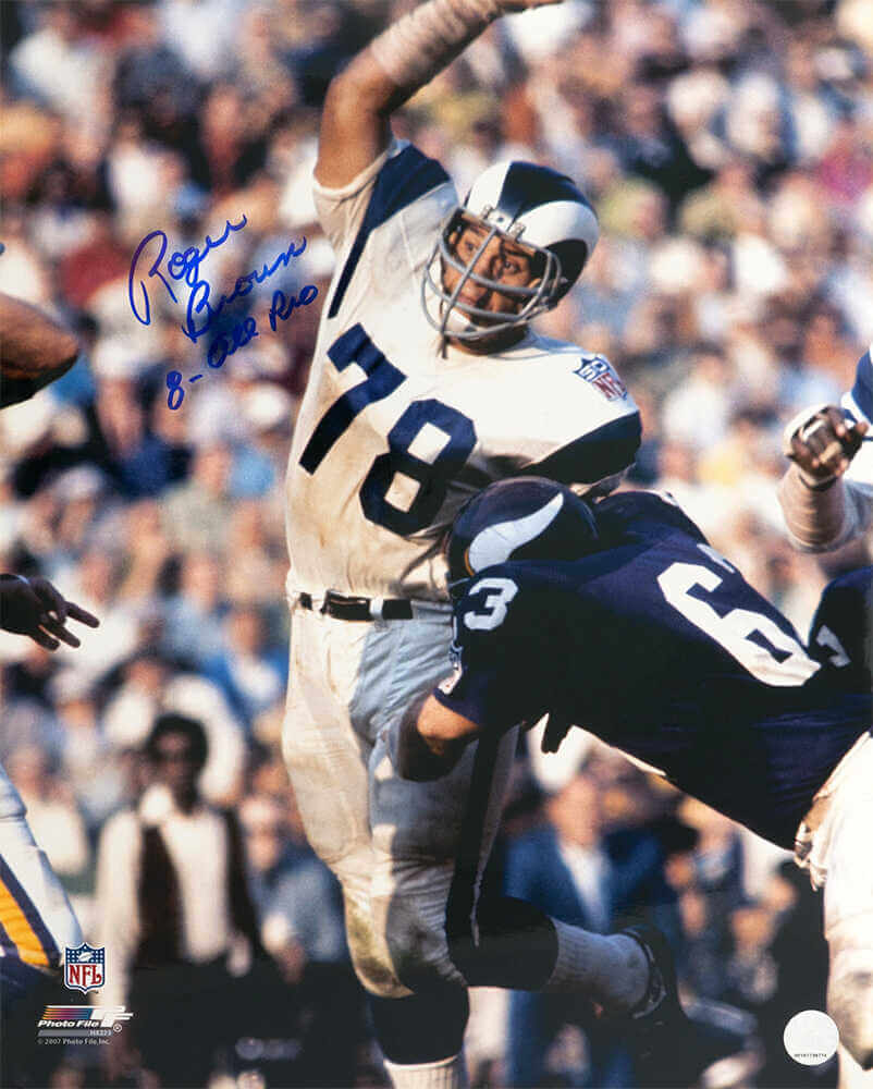 Roger Brown Autographed Rams White Jersey Action 16x20 Photo with 8 All Pro-Powers Sports Memorabilia