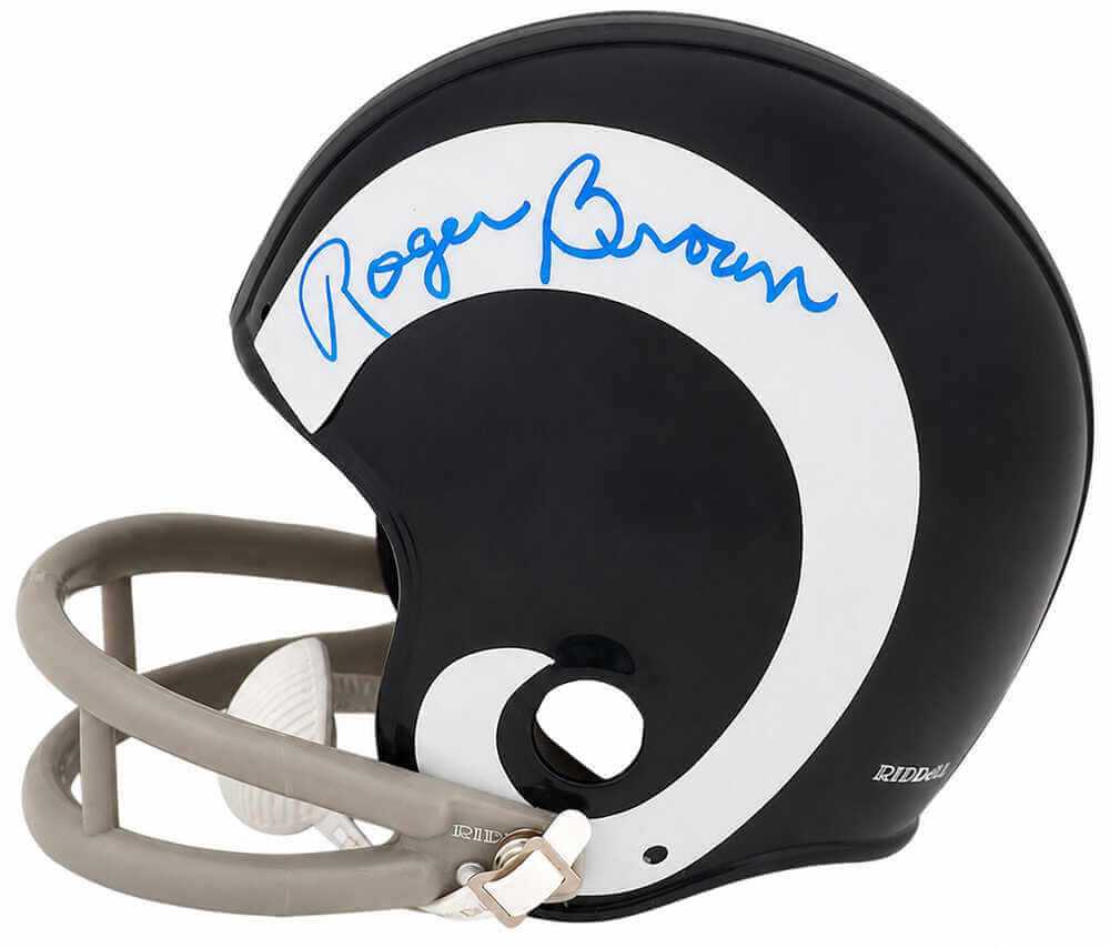 Roger Brown Autographed Los Angeles Rams Throwback 2-Bar Riddell (VSR4) Mini Helmet-Powers Sports Memorabilia