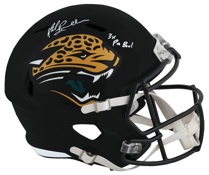 Mark Brunell Autographed Jacksonville Jaguars T/B Riddell Full Size Speed Replica Helmet with 3x Pro Bowl (White Ink)-Powers Sports Memorabilia