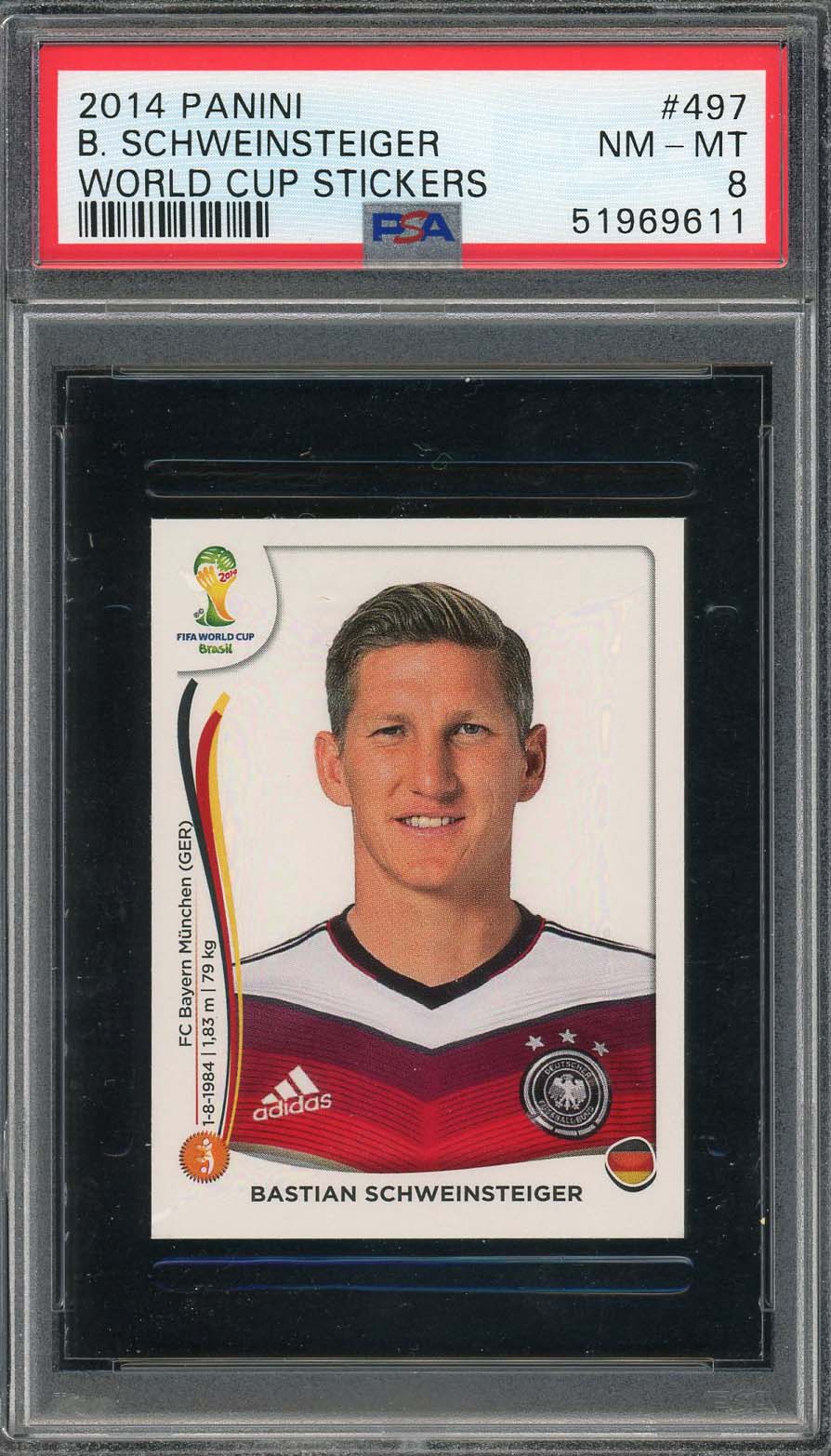 Bastian Schweinsteiger 2014 Panini World Cup Stickers Card #497 PSA 8-Powers Sports Memorabilia